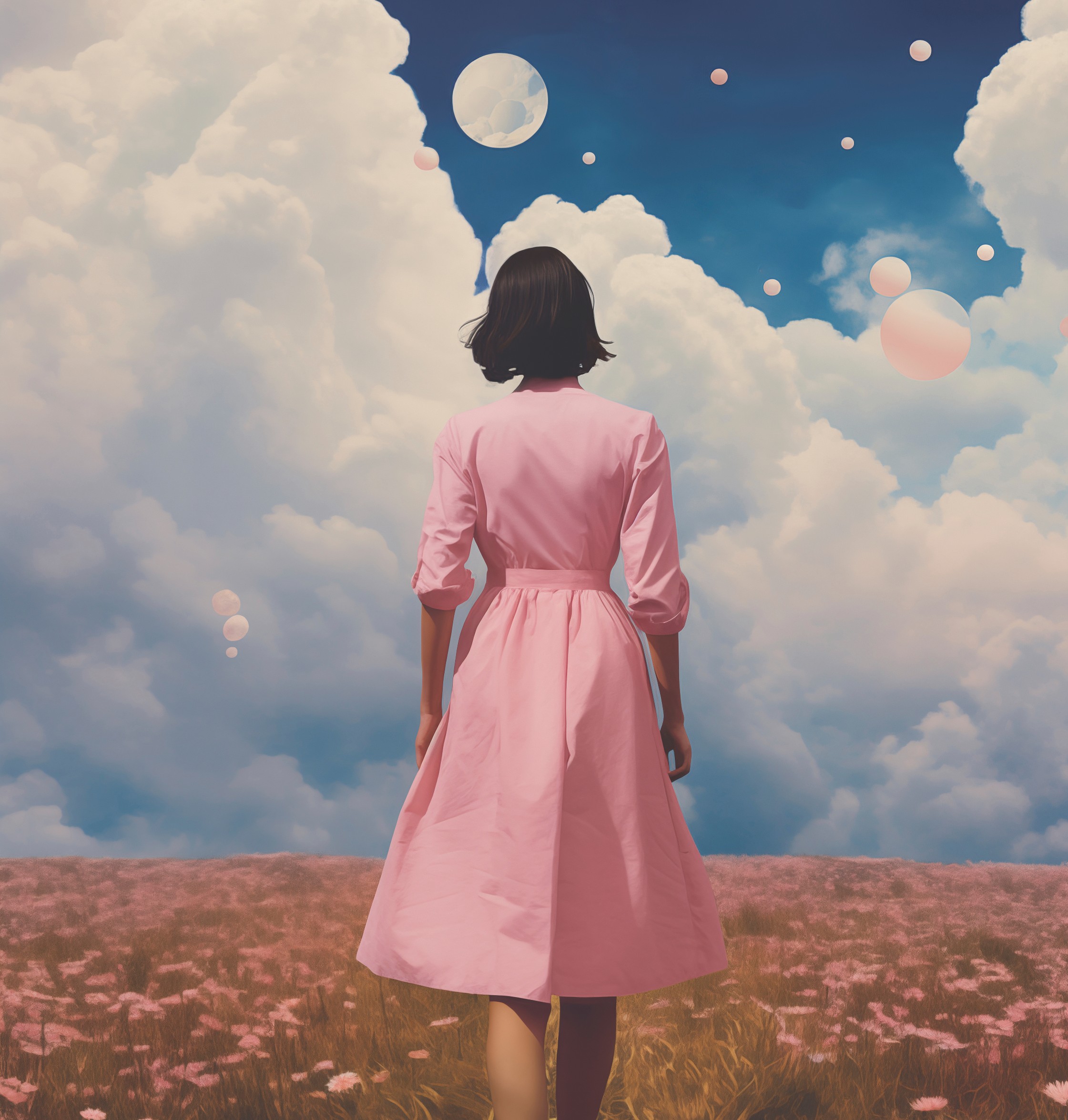 Γυναίκα με ροζ φόρεμα κοιτάζει τον ουρανό