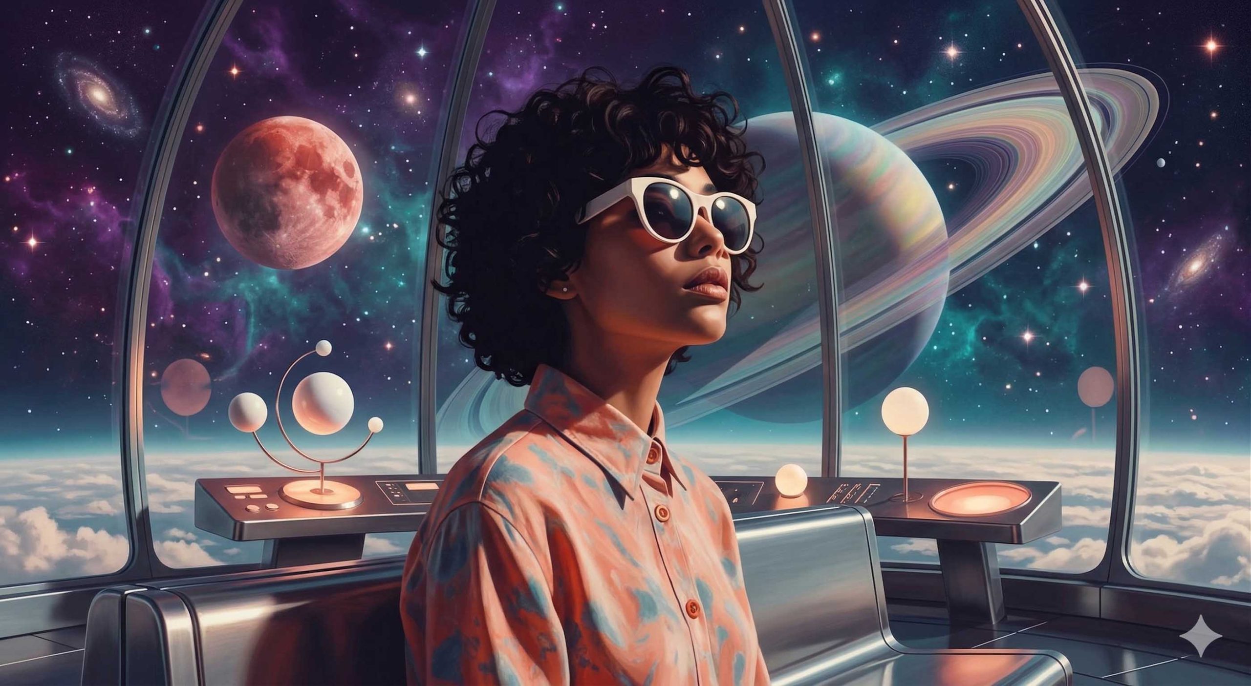 Πώς θα επηρεαστεί το ζώδιό σας από την κυριαρχία του Κρόνου. Στη φωτογραφία γυναίκα κοιτά μέσα από διαστημκό σταθμό φορώντας γυαλιά ηλίου.