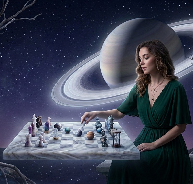 Γυναίκα παίζει σκάκι στο διάστημα με τον Κρόνο πίσω της.