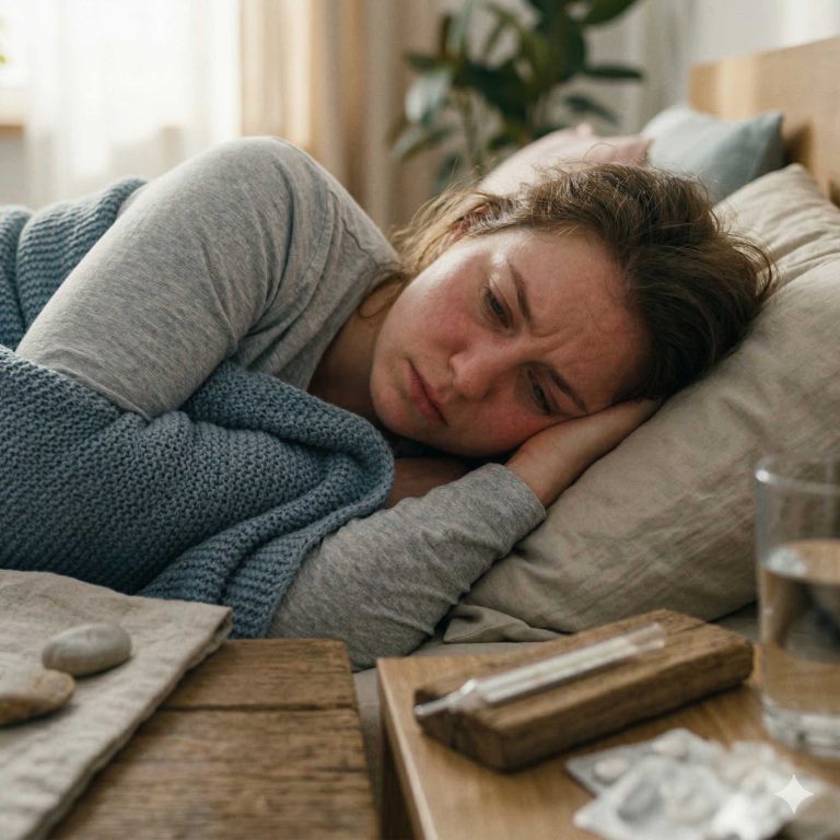 Γυναίκα άρρωστη με φάρμακα και θερμόμετρο στο κομοδίνο της.