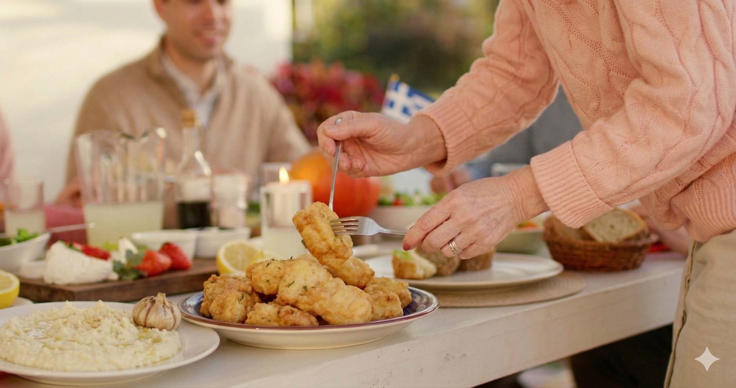 Γυναίκα ετοιμάζεται να σερβίρει μπακαλιάρος με σκορδαλιά.