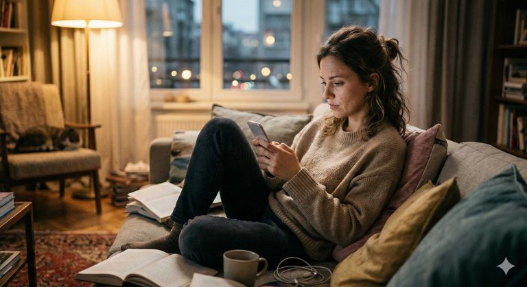 Γυναίκα κοιτάζει το κινητό της.