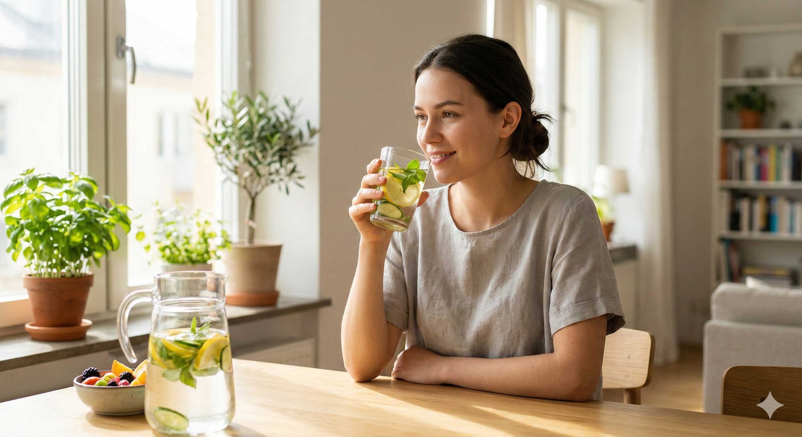 Νέα γυναίκα πίνει νερό με λεμόνι για καλύτερη υγεία.