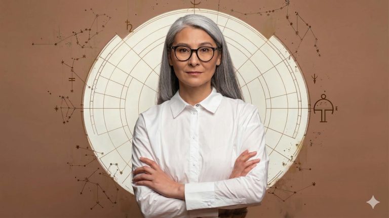 Γυναίκα με χάρτη αστρολογικό πίσω της σοβαρή και με εμπιστοσύνη στον εαυτό της.