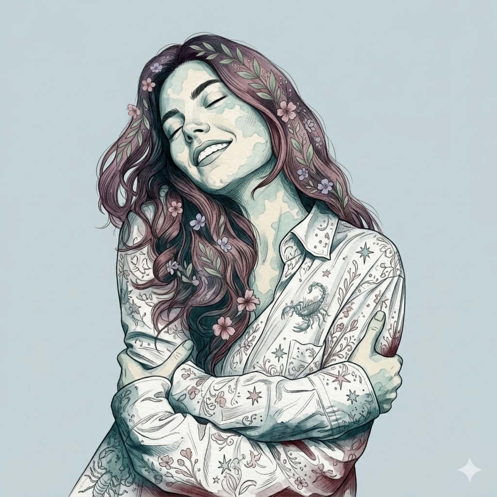 Γυναίκα σε σκίτσο φορώντας πουκάμισο με ζώδια.