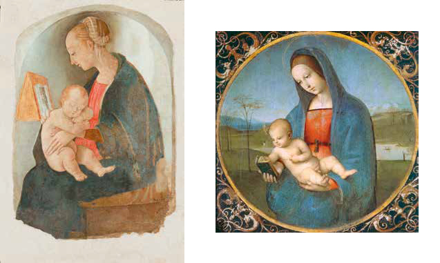 Aριστερά: Madonna and Child, περ. 1485–90. Τοιχογραφία, 97 × 67 εκ. / Credit: Casa Natale di Raffaello, Urbino Δεξιά: «Η Παναγία Κωνσταβίλα», 1502-1503. Βρέθηκε στη συλλογή του Κρατικού Ερμιτάζ, Αγία Πετρούπολη.