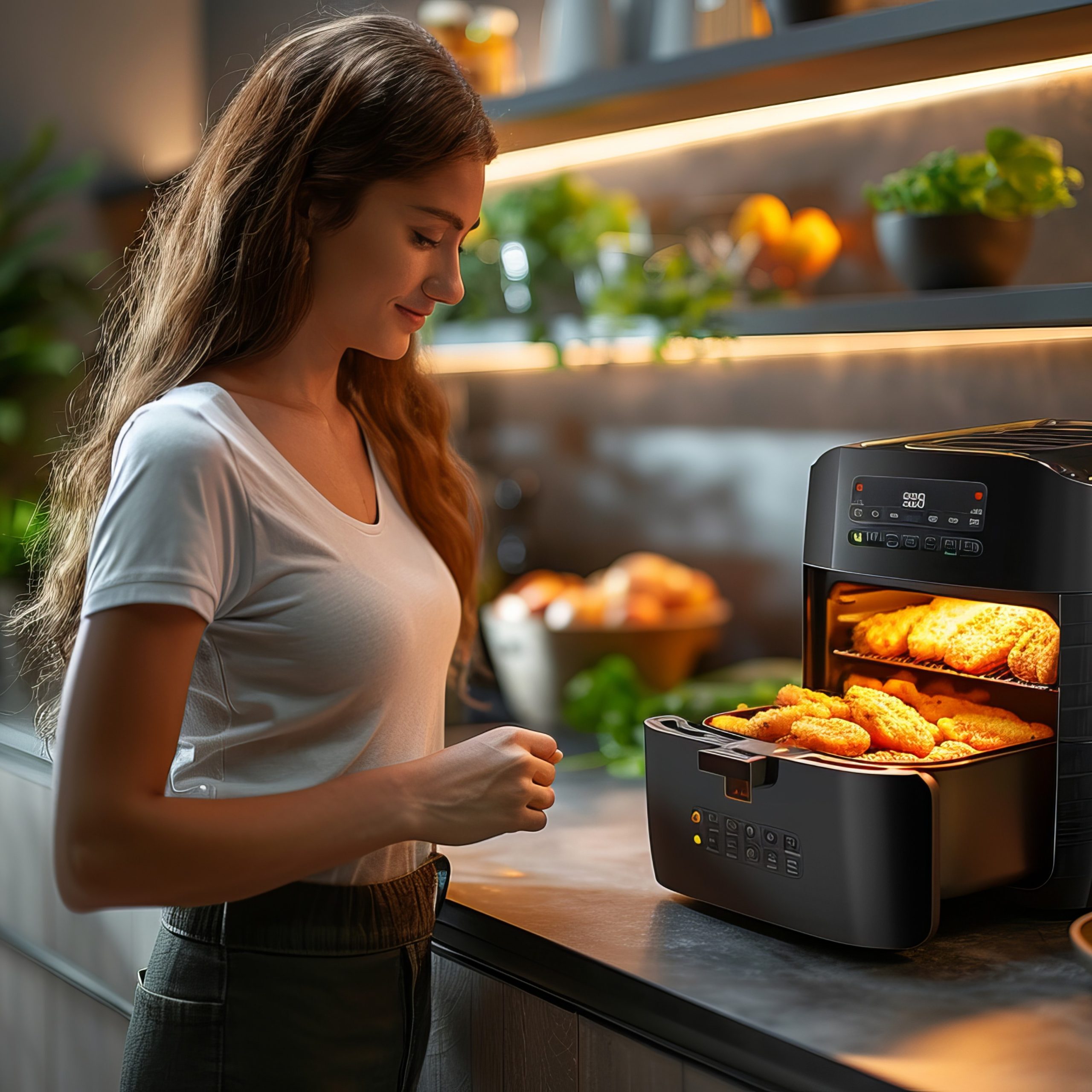 Γυναίκα μαγειρεύει στο air fryer