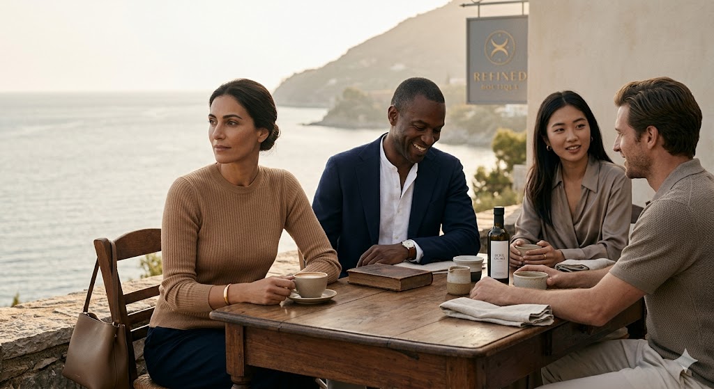 Δύο ζευγάρια απολαμβάνουν το απόγευμά τους στις διακοπές τους. Η τάση ήσυχη πολυτέλεια στο ντύσιμό τους τους συνοδεύει.