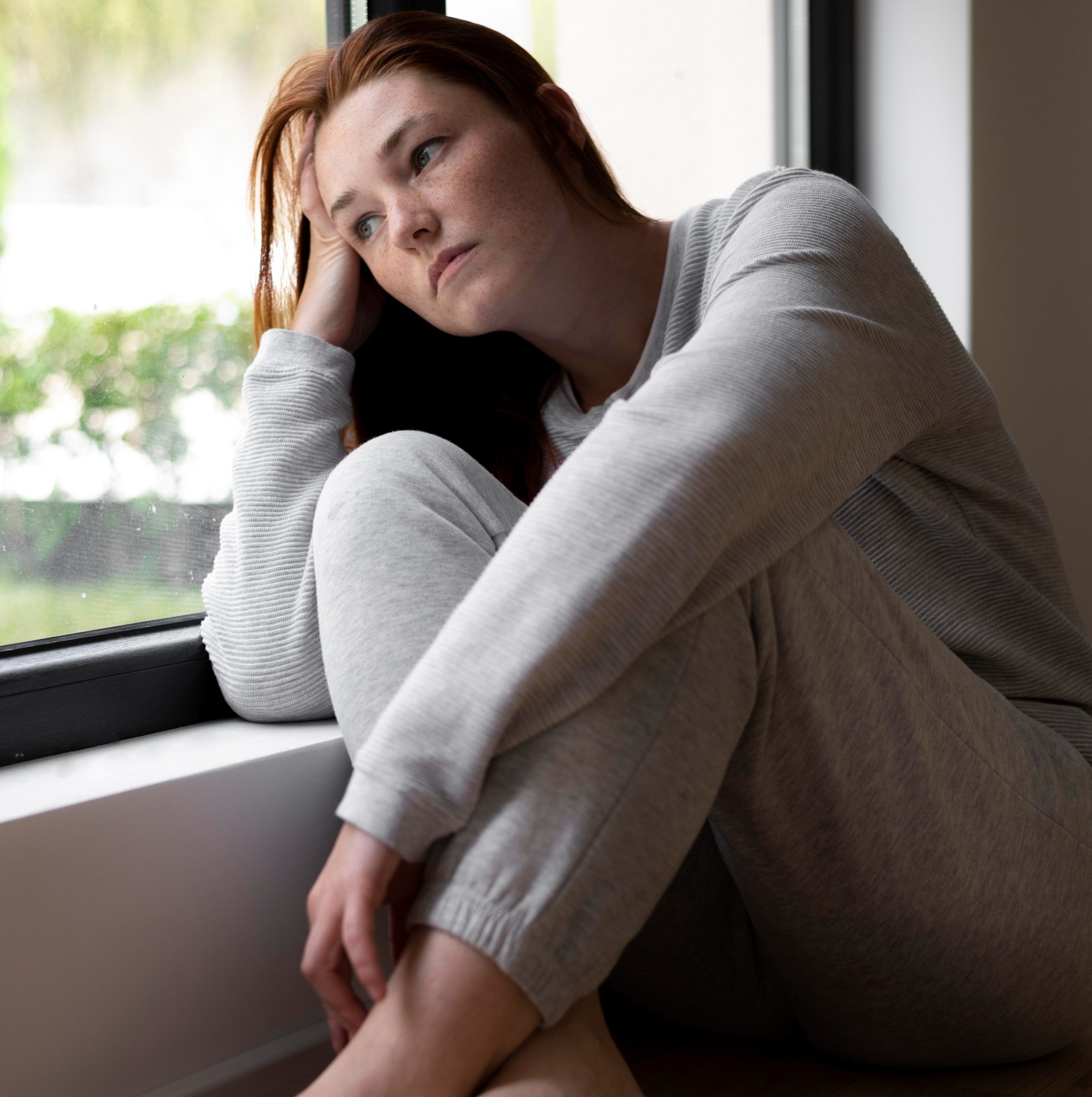 Γυναίκα λυπημένη κοιτάζει έξω από το παράθυρο