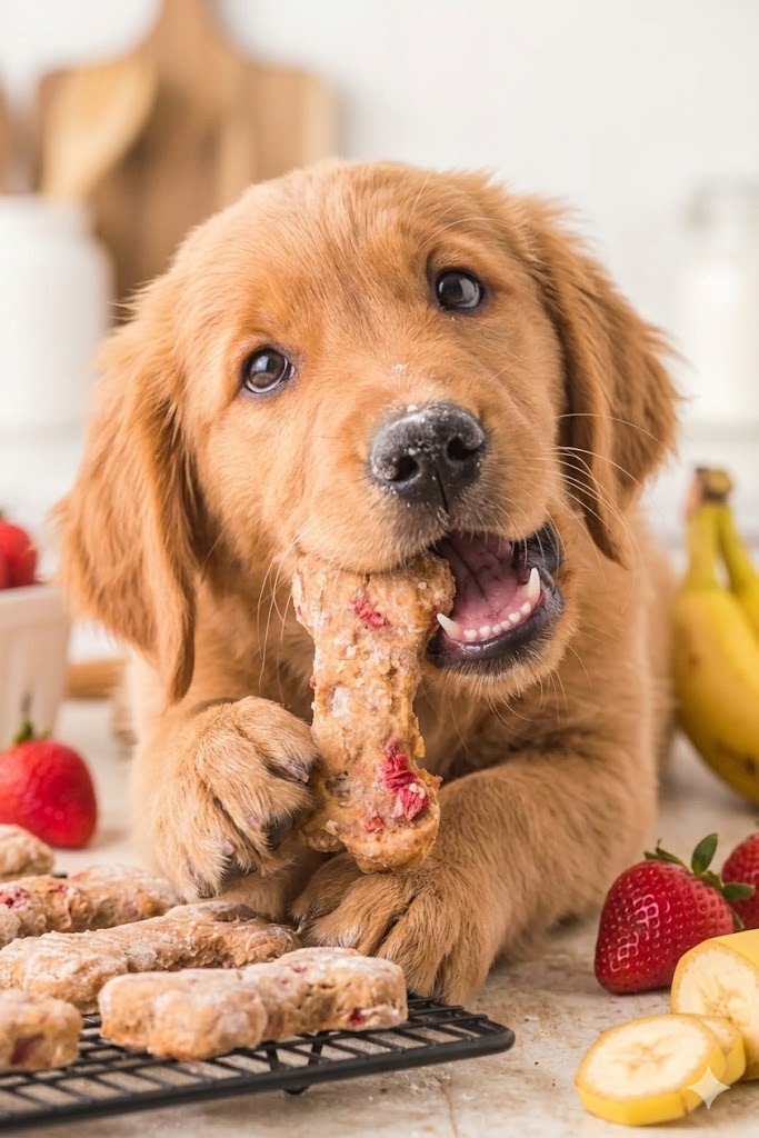 Σκύλος τρώει μπισκότα με φράουλα και μπανάνα