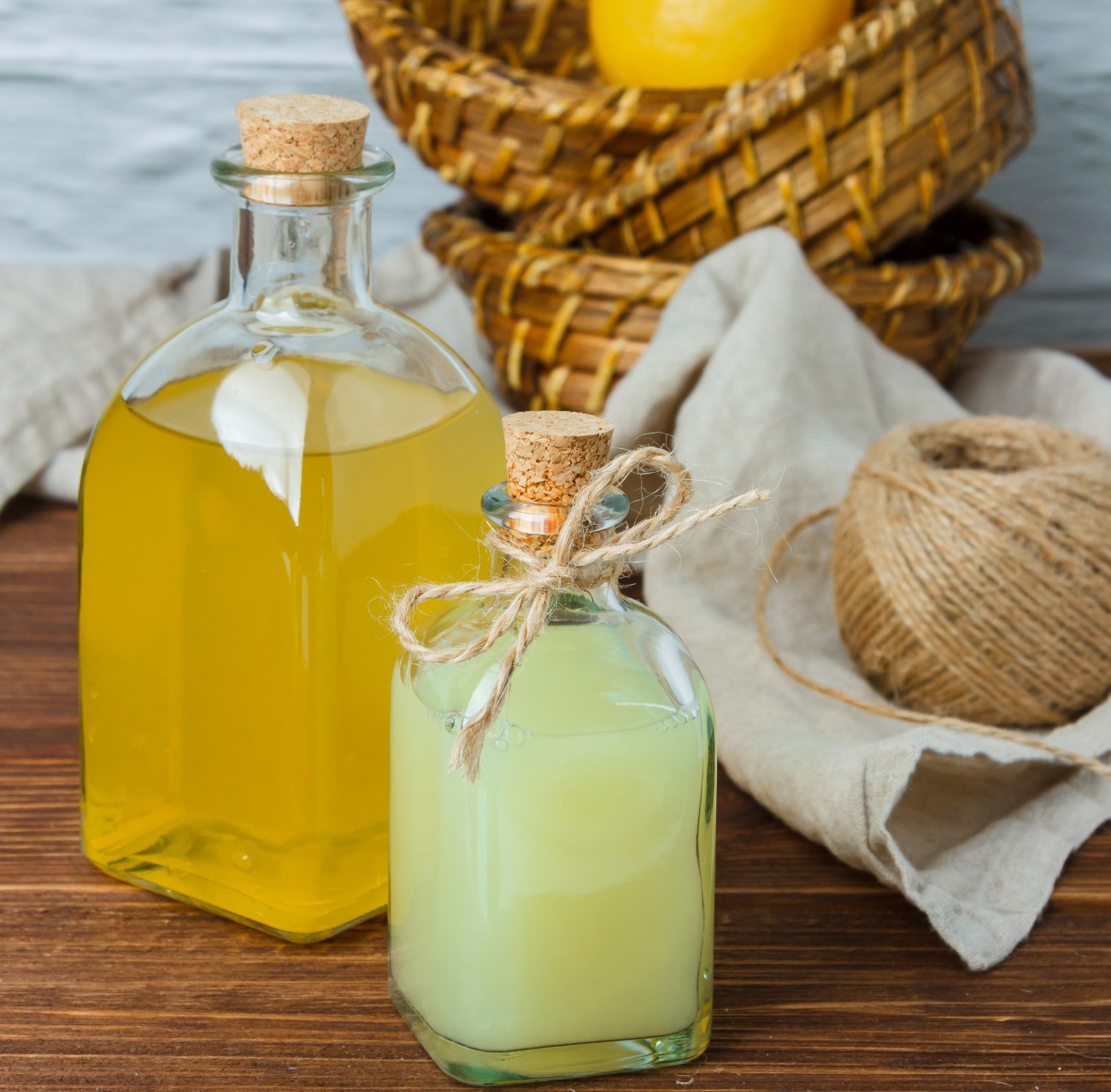 Σπιτικό limoncello σε γυάλινο μπουκάλι