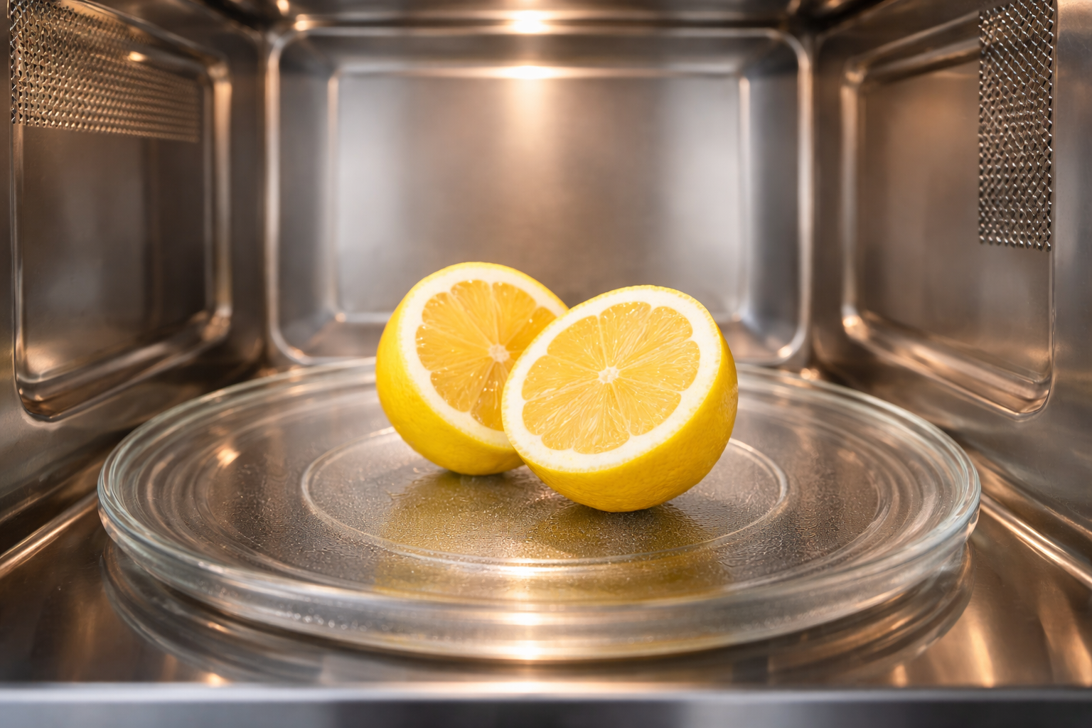 Κομμένο λεμόνι στα δύο στον φούρνο μικροκυμάτων. Είναι το λεμόνι ο σύμμαχός σας στην καθαριότητα;