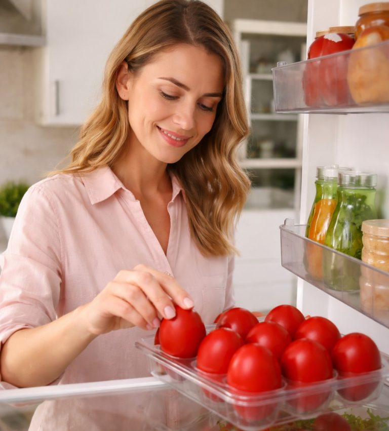 Γυναίκα βάζει κόκκινα αυγά στο ψυγείο