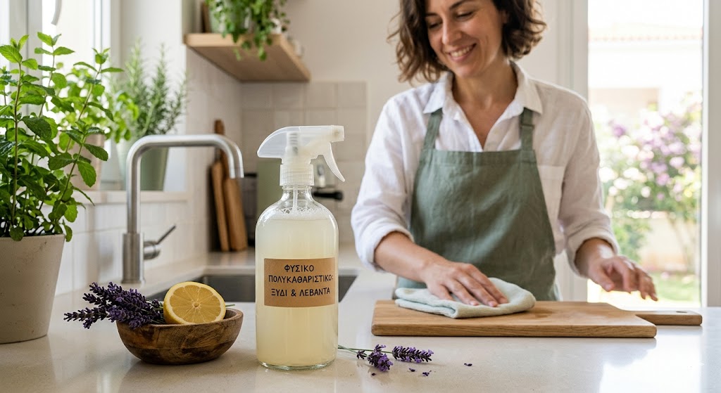 Γυναίκα καθαρίζει με ξύδι