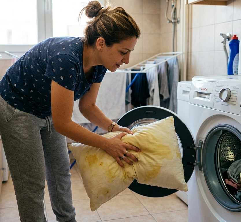 Γυναίκα βάζει στο πλυντήριο μαξιλάρι με κίτρινους λεκέδες