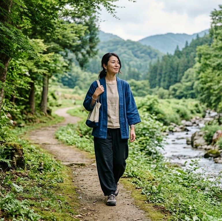 Γυναίκα από την Ιαπωνία περπατάει στη φύση. Οι έξι ιαπωνικές αρχές για ευτυχία.