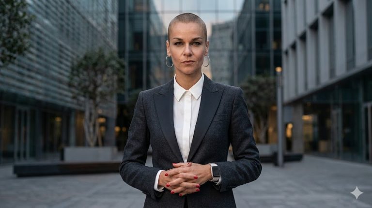 Γυναίκα δυναμική βλέπει τον φακό.