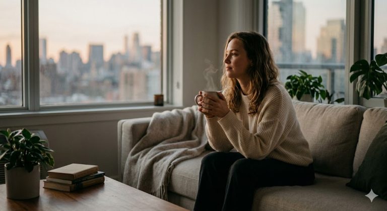 Γυναίκα στον καναπέ του σπιτιού της σκέφτεται.