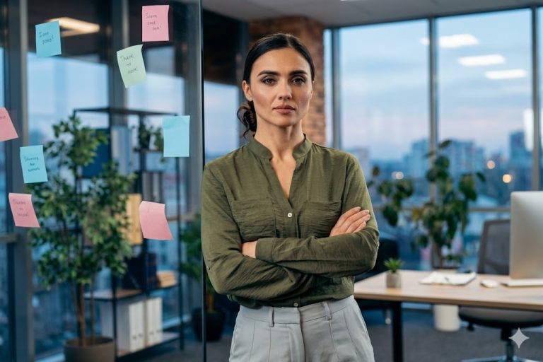 Γυναίκα με εμπιστοσύνη στον εαυτό της στο γραφείο της.