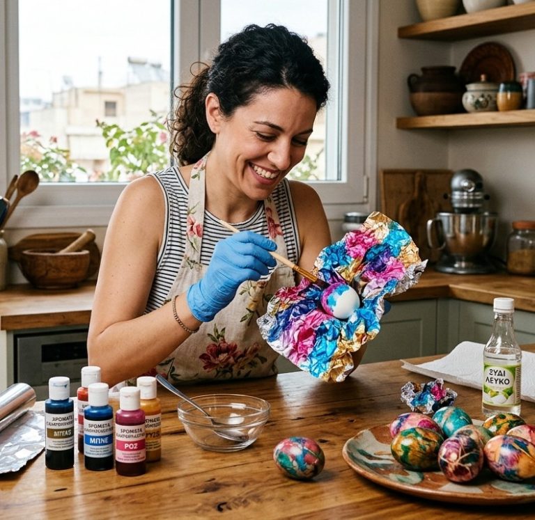 Γυναίκα βάφει πασχαλινά αυγά με αλουμινόχαρτο