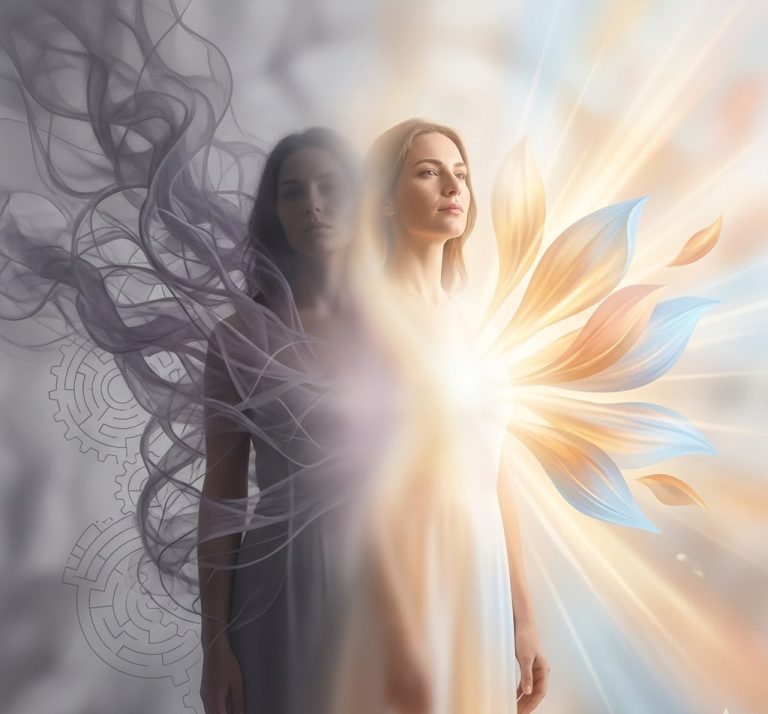 Γυναικεία ενδυνάμωση. Ψυχική ανάταση. Δύο γυναίκες μέσα σε φως και αχτίδες και σύννεφα.