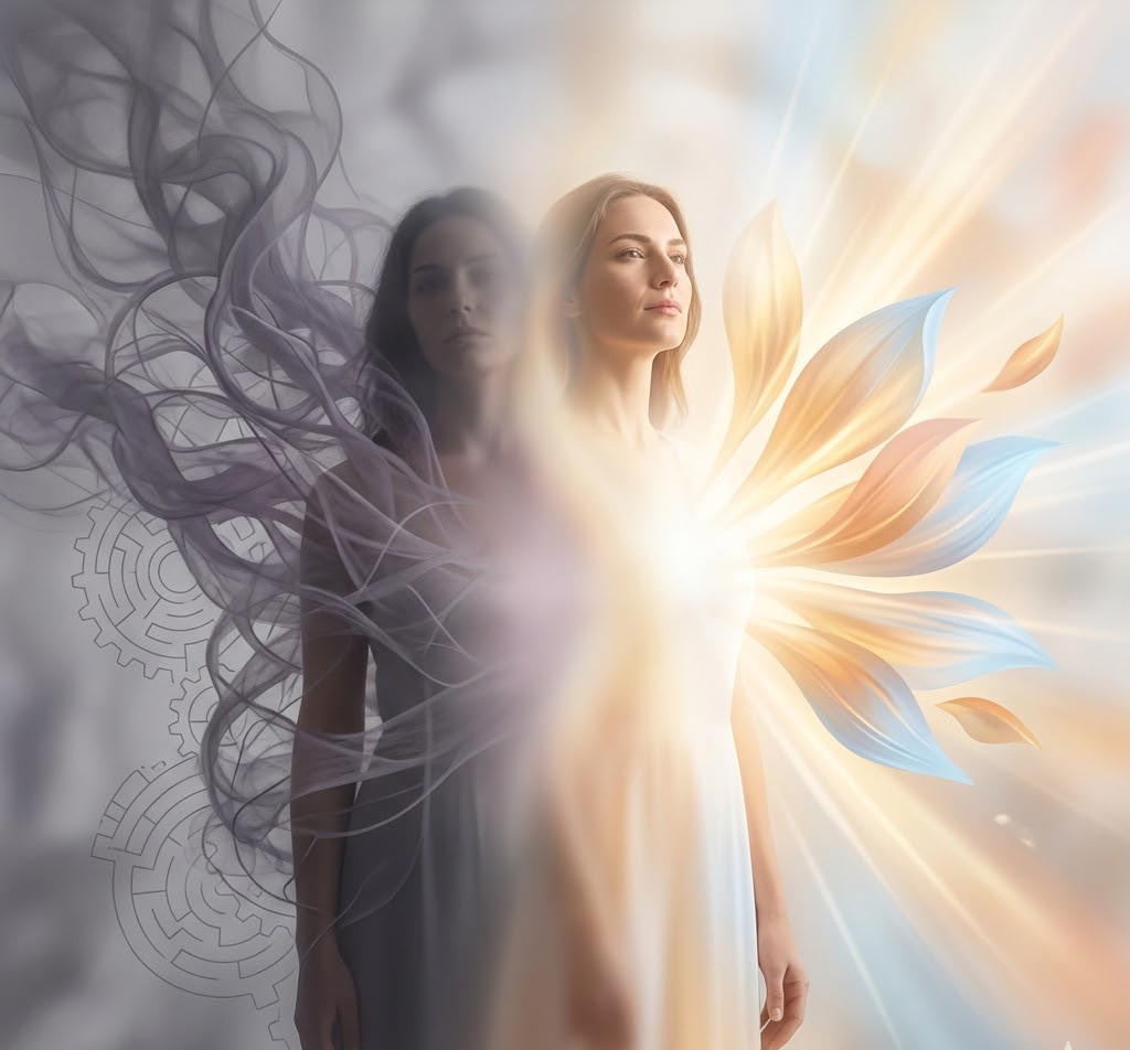 Γυναικεία ενδυνάμωση. Ψυχική ανάταση. Δύο γυναίκες μέσα σε φως και αχτίδες και σύννεφα.