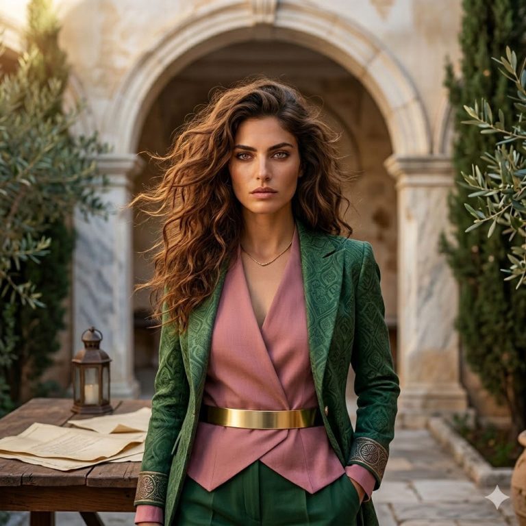 Γυναίκα σίγουρα με πράσινο σακάκι και ροζ τοπ