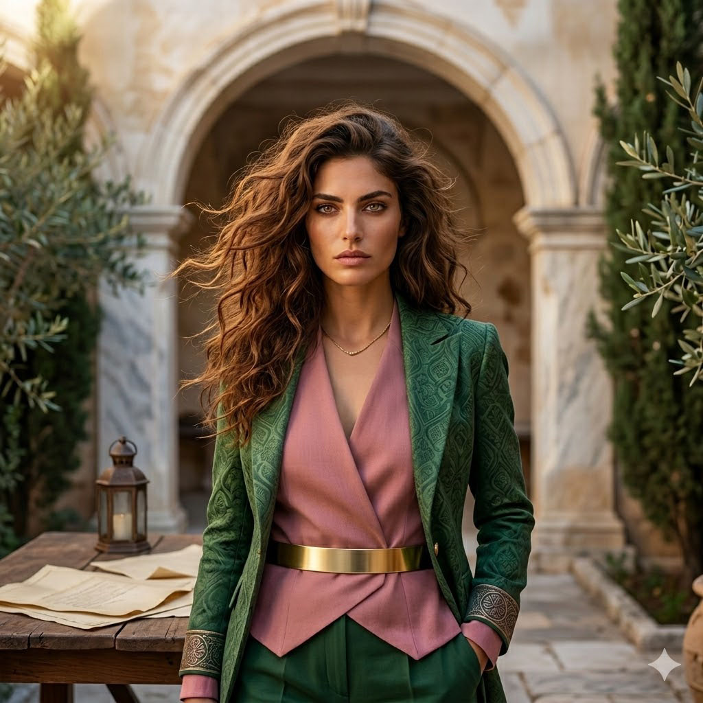 Γυναίκα σίγουρα με πράσινο σακάκι και ροζ τοπ