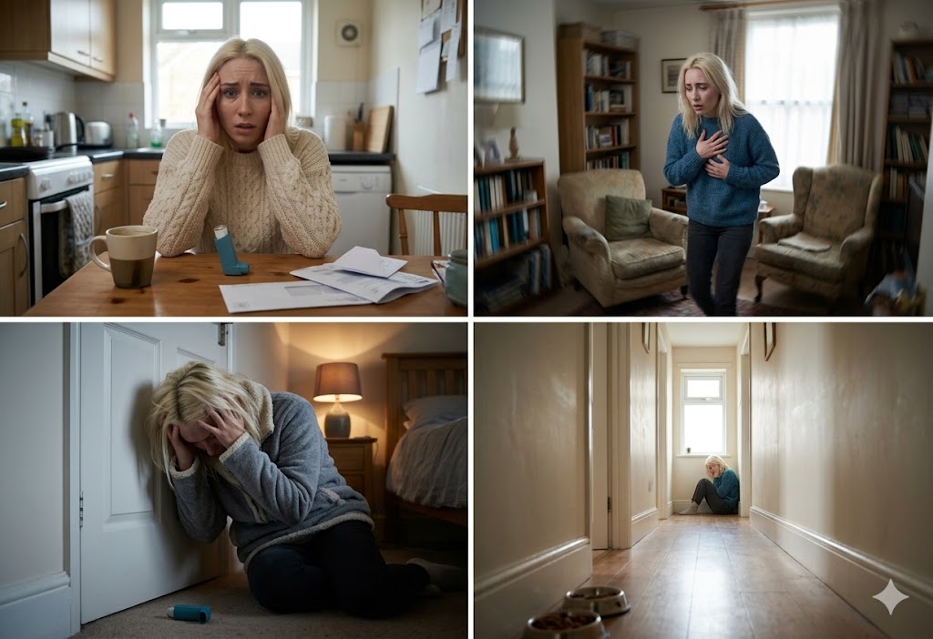 Γυναίκα σε κρίση πανικού στο σπίτι της.