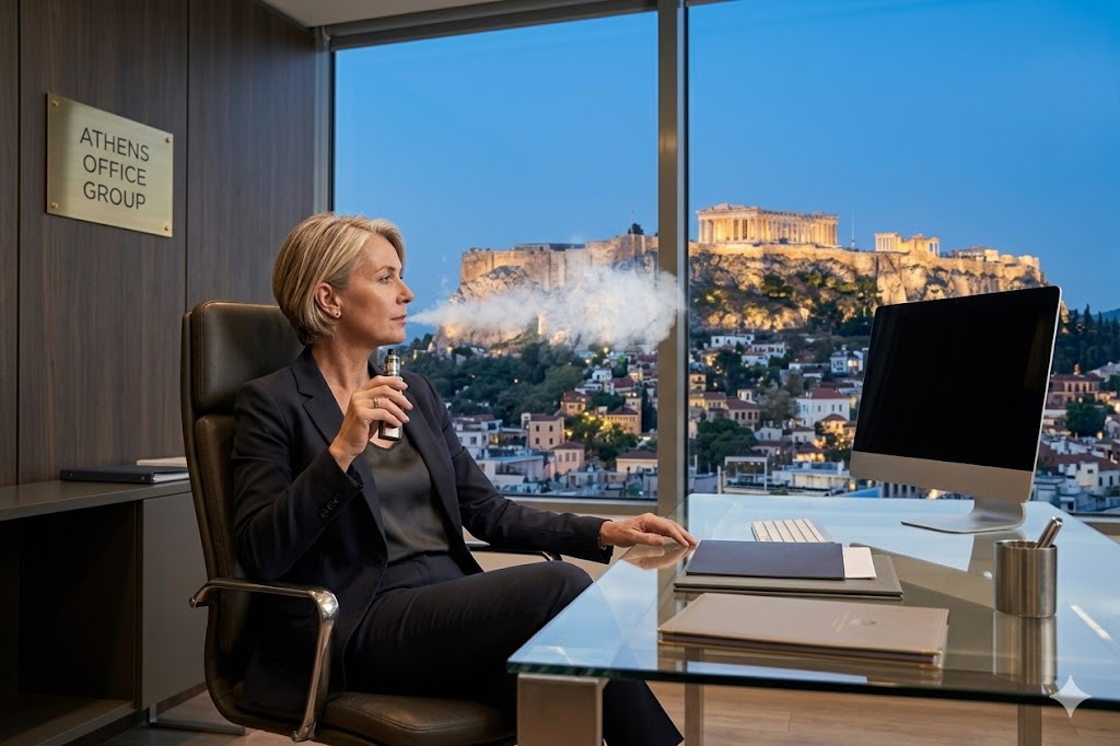 Γυναίκα σε γραφείο στην Αθήνα καπνίζει ηλεκτρονικό τσιγάρο και βλέπει την Ακρόπολη.