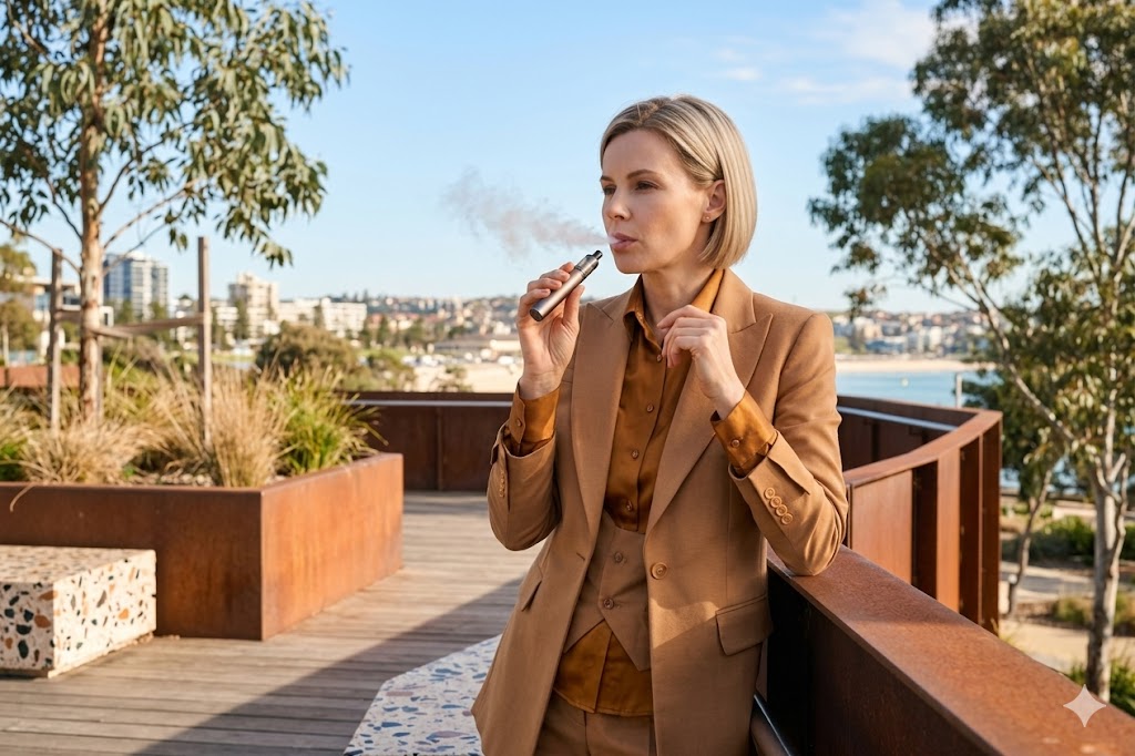 Γυναίκα καπνίζει ηλεκτρονικό τσιγάρο.