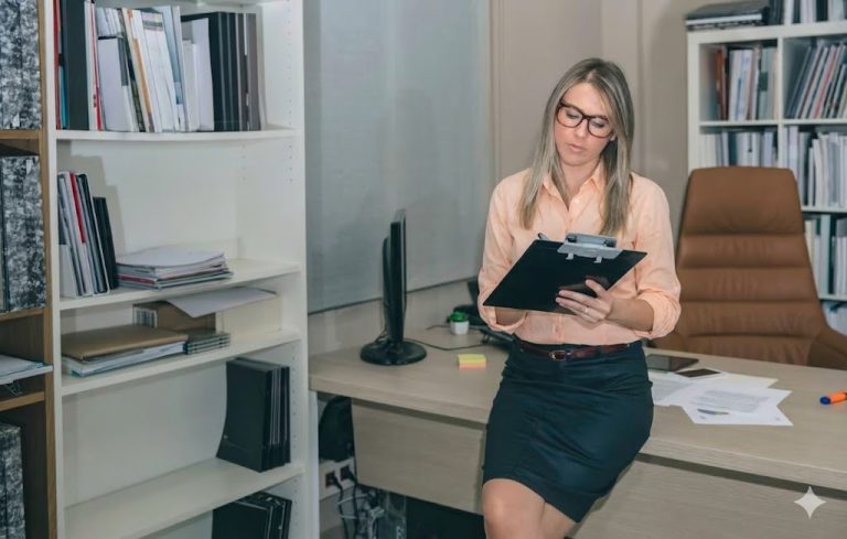 Γυναίκα σοβαρή τσεκάρει στο γραφείο της έγγραφα.