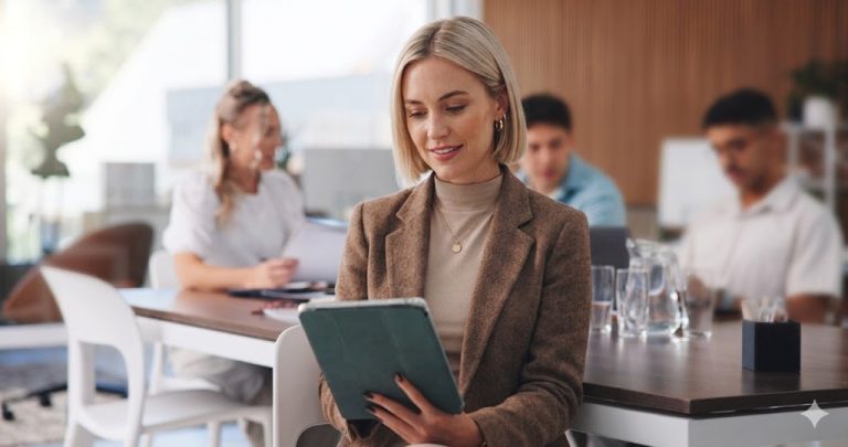 Γυναίκα στο γραφείο με συναδέλφους πιο πίσω.