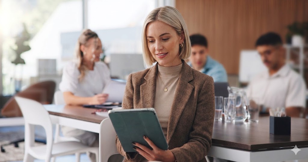 Γυναίκα στο γραφείο με συναδέλφους πιο πίσω.