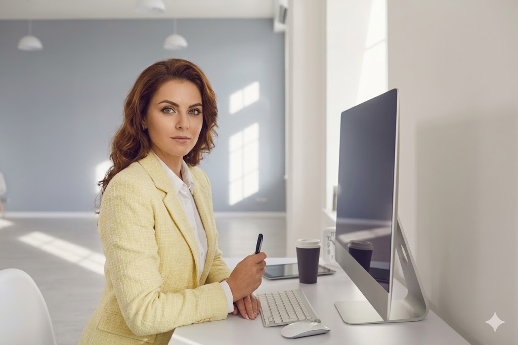 Γυναίκα σοβαρή στο γραφείο μας κοιτά με κίτρινο σακάκι.