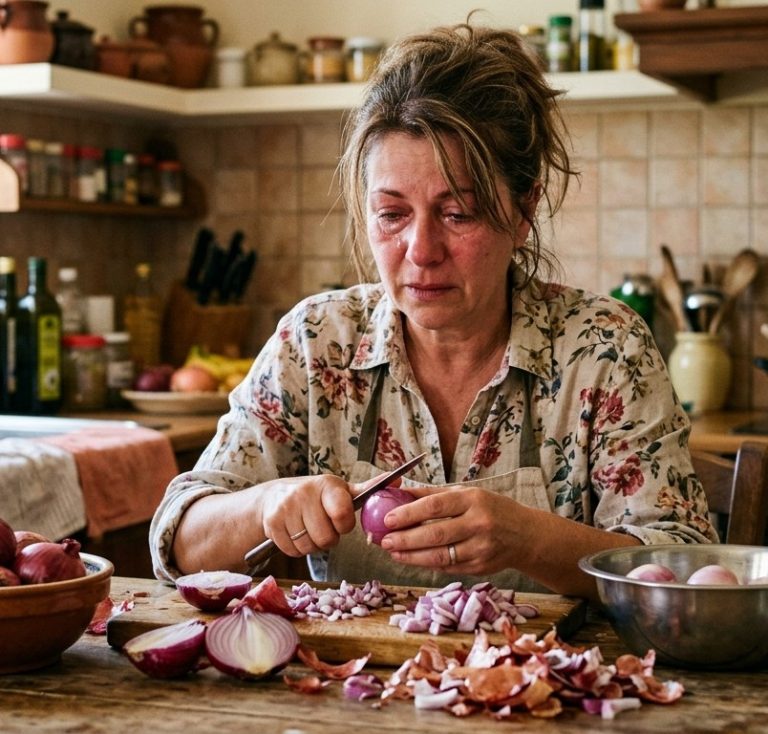 Γυναίκα καθαρίζει κρεμμύδια