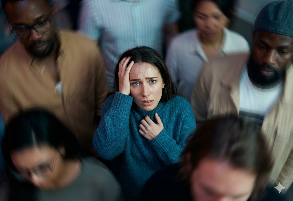 Γυναίκα σε κρίση πανικού μέσα σε κόσμο.