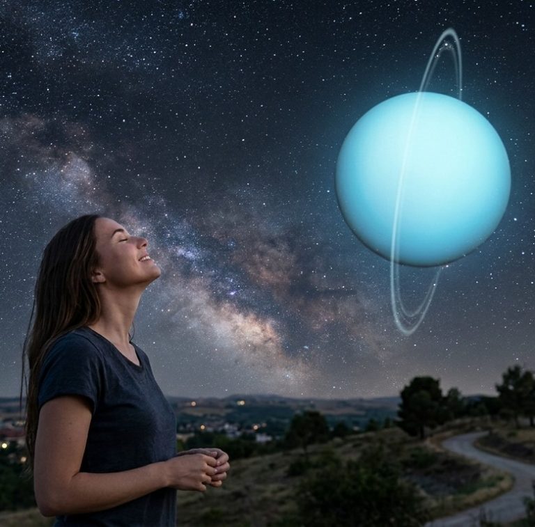 Γυναίκα κοιτάζει τον ουρανό και τους πλανήτες