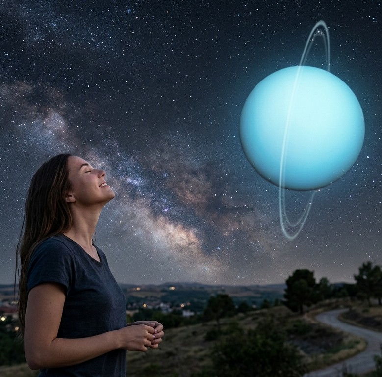 Γυναίκα κοιτάζει τον ουρανό και τους πλανήτες