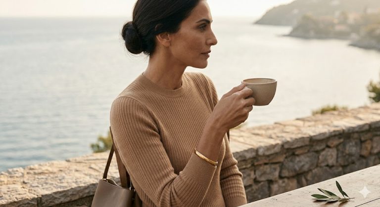 Γυναίκα που εκπροσωπεί επάξια την τάση ήσυχη πολυτέλεια, απολαμβάνει τον καφέ της δίπλα σε θάλασσα σε μπαρ ή στο μπαλκόνι του εξοχικού της.