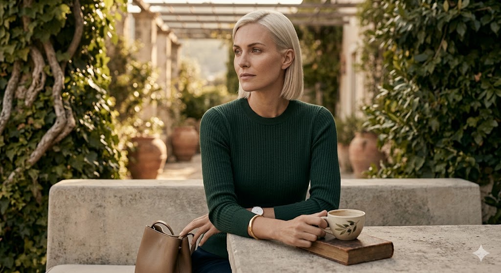 Γυναίκα που εκπροσωπεί επάξια την τάση ήσυχη πολυτέλεια απολαμβάνει τον καφέ της σε κήπο καταπράσινο.