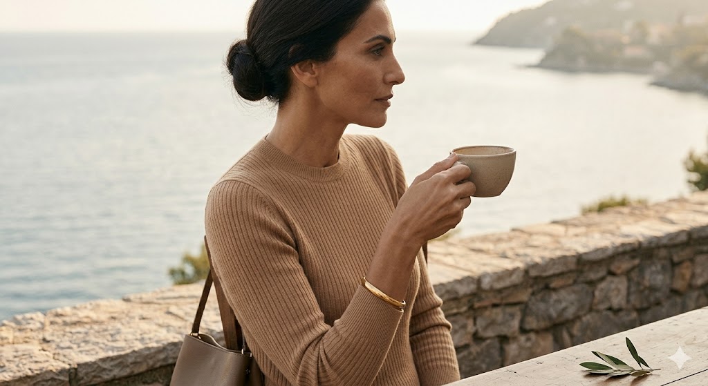 Γυναίκα που εκπροσωπεί επάξια την τάση ήσυχη πολυτέλεια, απολαμβάνει τον καφέ της δίπλα σε θάλασσα σε μπαρ ή στο μπαλκόνι του εξοχικού της.