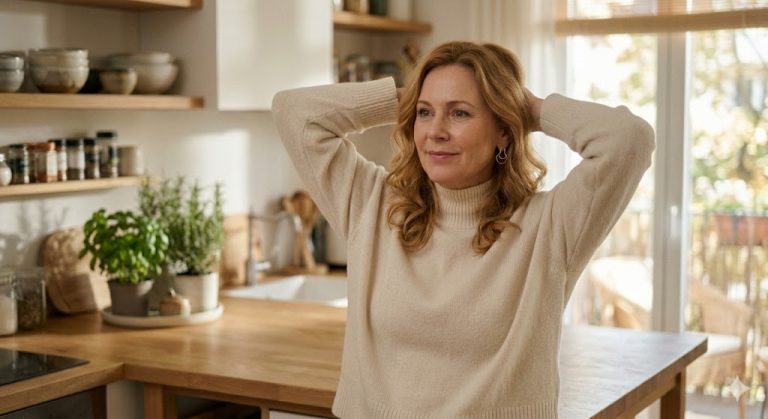 Γυναίκα ανακουφισμένη πιάνει το κεφάλι της με τα δύο της χέρια.