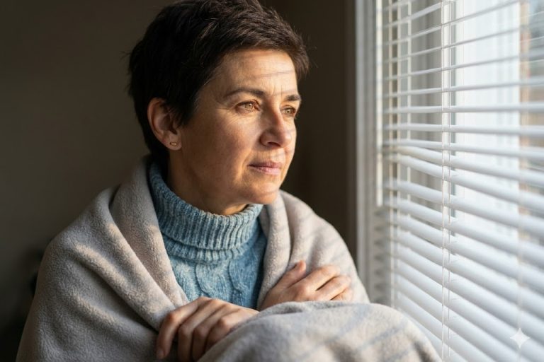 Πώς αντιδρούν τα ζώδια σε μία απώλεια. Στη φωτογραφία γυναίκα μέσης ηλικίας δίπλα σε παράθυρο με γρίλιες σκέφτεται.