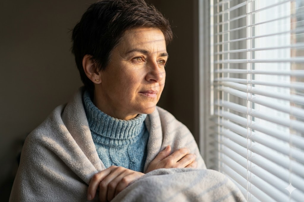 Πώς αντιδρούν τα ζώδια σε μία απώλεια. Στη φωτογραφία γυναίκα μέσης ηλικίας δίπλα σε παράθυρο με γρίλιες σκέφτεται.