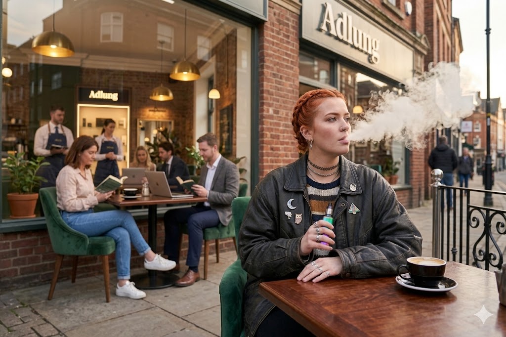 Nέα γυναίκα κάθεται σε εξωτερικό χώρο ενός καφέ για να καπνίσει ηλεκτρονικό τσιγάρο.