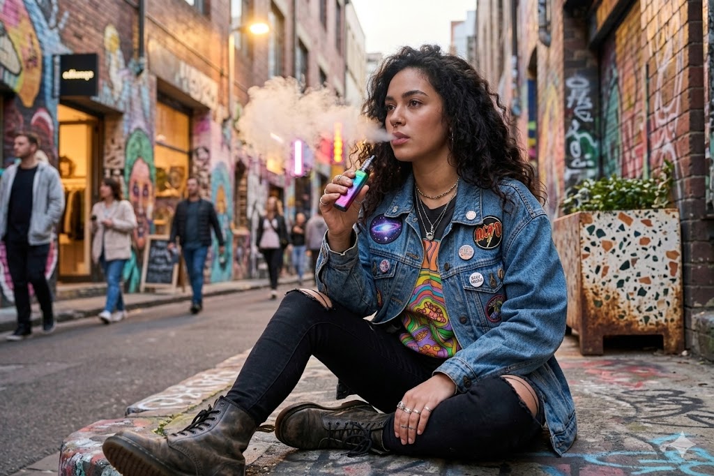 Nέα γυναίκα κάθεται στον δρόμο και καπνίζει ηλεκτρονικό τσιγάρο.