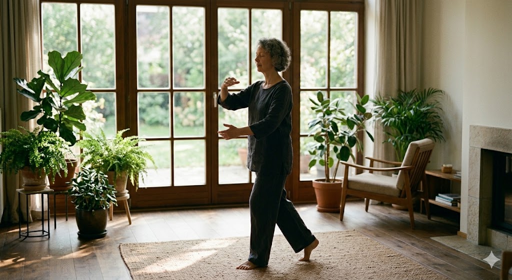 Γυναίκα κάποιας ηλικίας κάνει tai chi walking στο σπίτι.