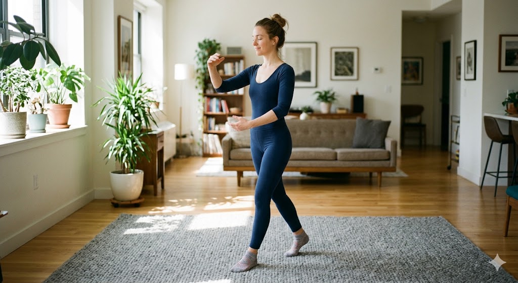 Γυναίκα κάνει στο tai chi περπάτημα στο σπίτι.