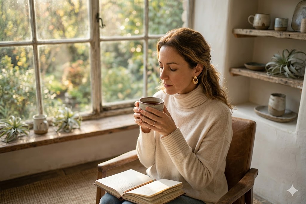 Γυναίκα σκέφτεται λίγο αγχωμένη πίνοντας τον καφέ της μπορστά σε παράθυρο.